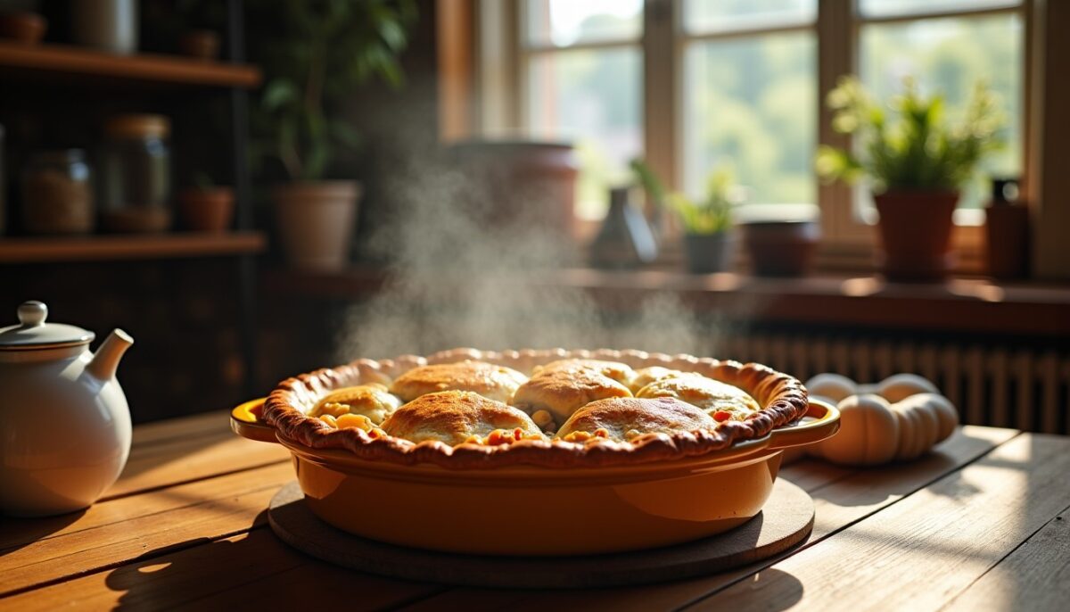 Délicieuse tourte rustique au poulet tendre et champignons savoureux