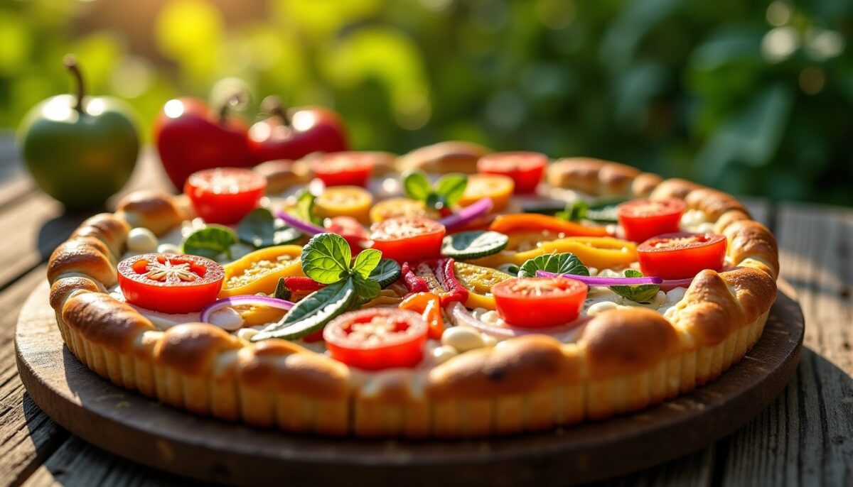Délicieuse tarte fine aux légumes de saison et chèvre frais : une explosion de couleurs et de saveurs à savourer Délicieuse tarte fine aux légumes de saison et chèvre frais : une explosion de couleurs et de saveurs à savourer