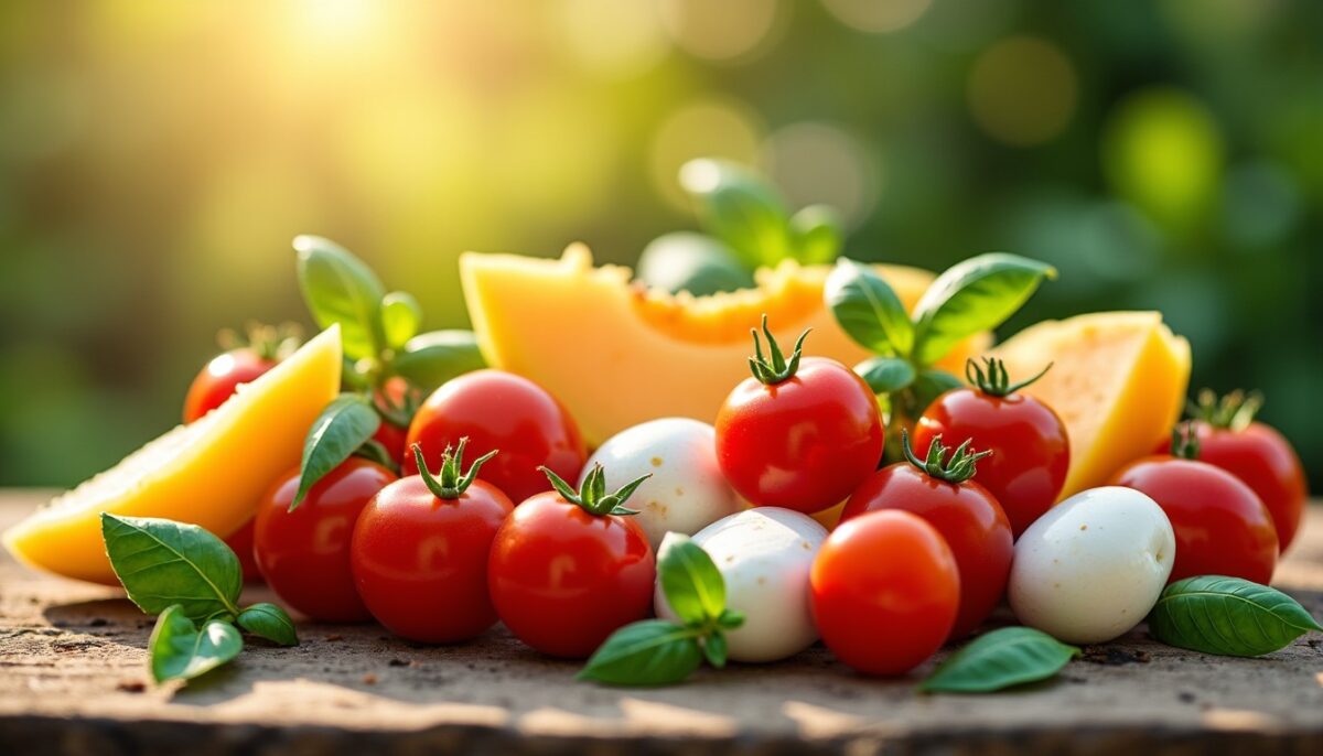 Salade estivale aux tomates juteuses, melon sucré et mozzarella fondante