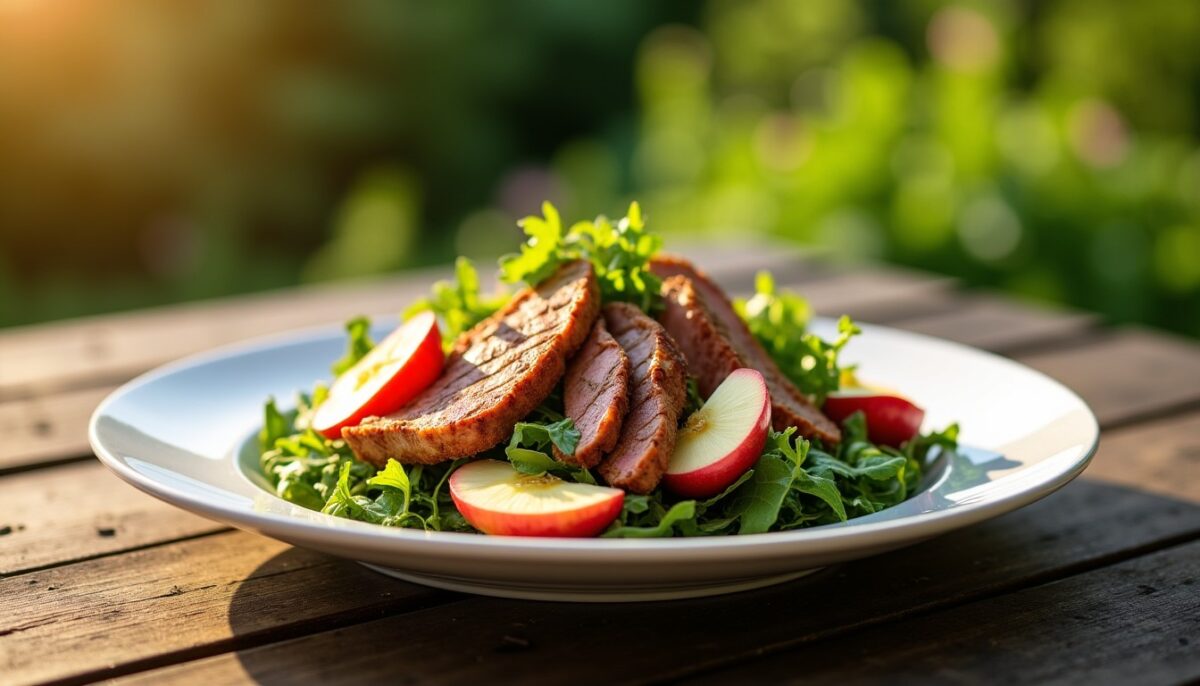 Délicieuse salade fraîcheur aux magrets de canard et pommes croquantes