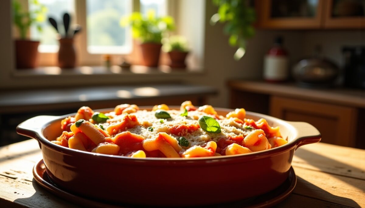 Délicieux gratin de pâtes nappé d’une sauce tomate fraîchement préparée : la recette à ne pas manquer